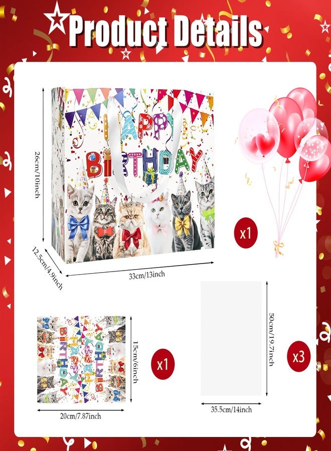 MUNILAIL 13 Inch Cat Birthday Gift Bag with Handle, Tissue Paper & Greeting Card, Large Paper Gift Bag for Boys & Girls Birthday Party, Baby Shower, Cat Theme Parties - Image 2